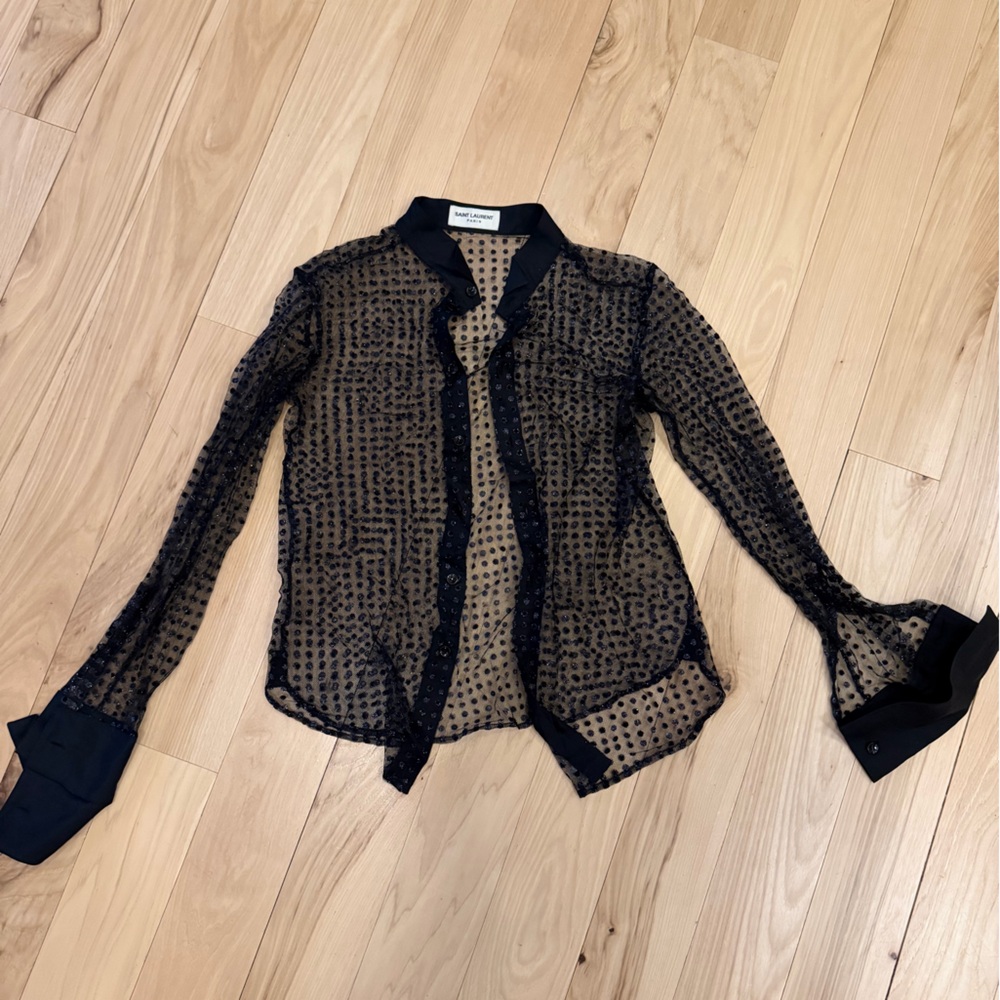Saint Laurent Black Sparkly Sheer Collar Top
